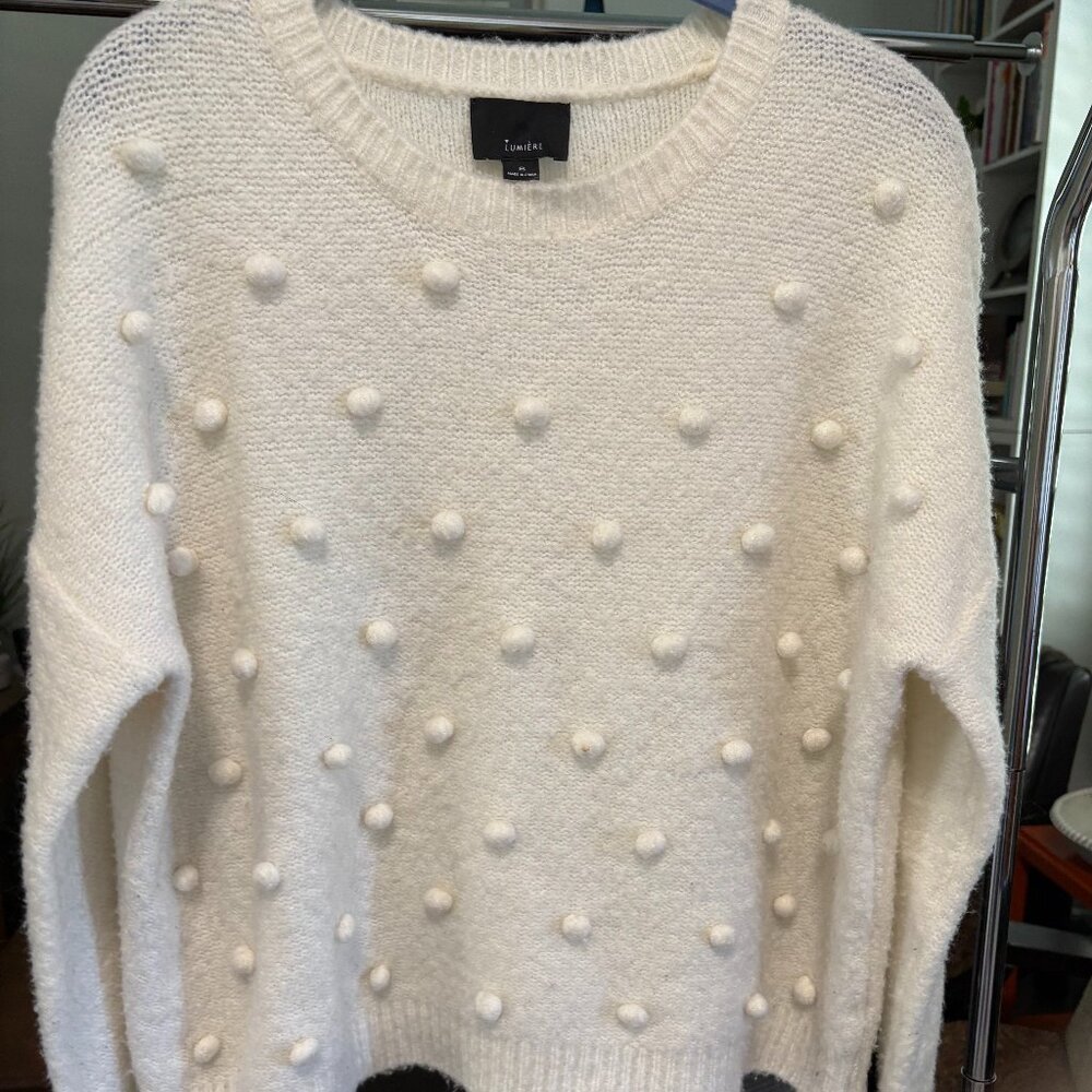 Lumiere Ivory white cream sweater with pom pom puffs dots women size Small